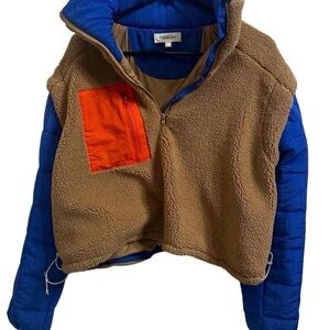 Trendy Blue and Tan Puffer Jacket with Orange Accent